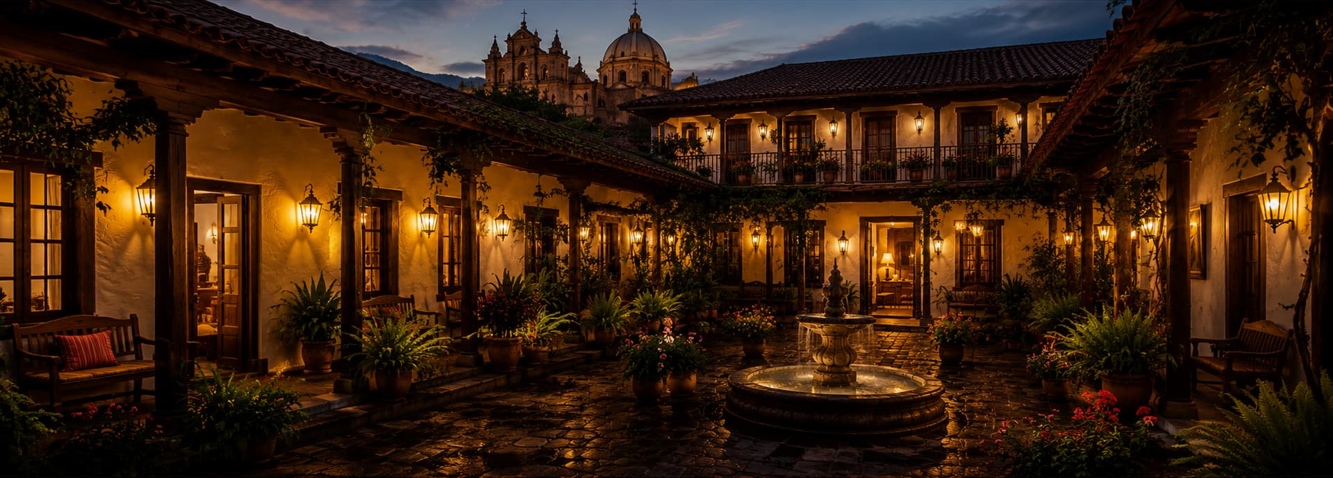 Arquitectura colonial de Hotel Kintara al atardecer